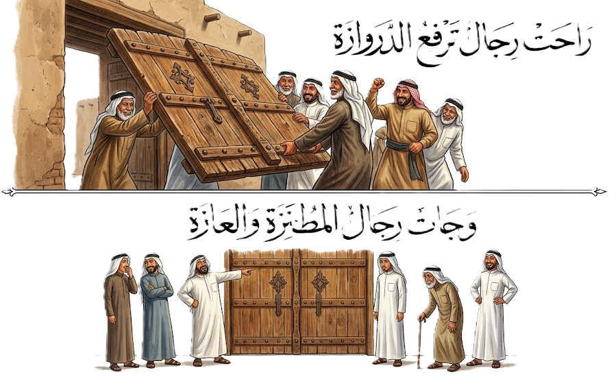 ذهبوا الرجال الذين يرفعون الدروازة وجاء رجال المطنزة والعازة